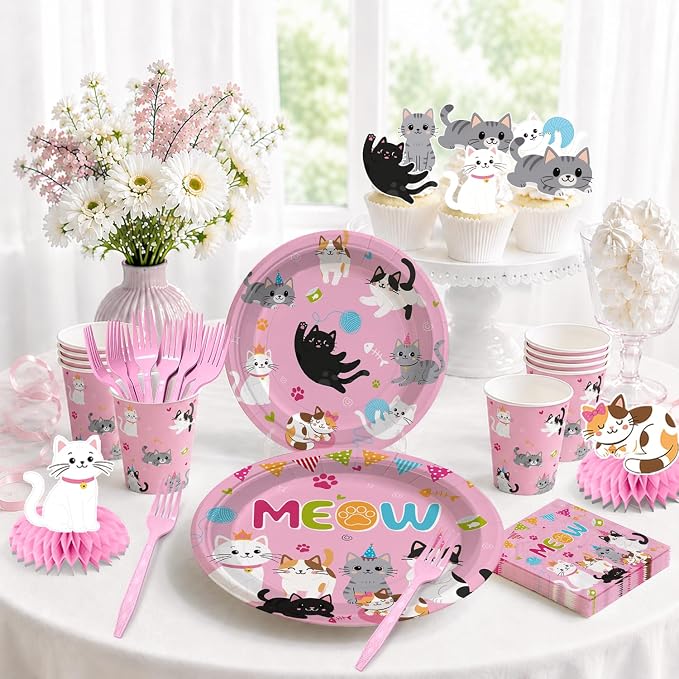 213pcs Cat Birthday Decorations, Complete Paper Tableware Set Includes 350gsm Plates 24 Cupcake Toppers and 2 Waterproof Tablecloths, Cat Themed Birthday Party Decorations for 25 People