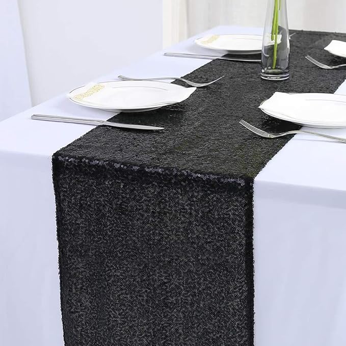 12 Packs Sequin Table Runner Glitter Dining Table Runner for Birthday Wedding Engagement Bridal Baby Shower Bachelorette Holiday Celebration Party Supplies Decorations (12" x 72", Black)