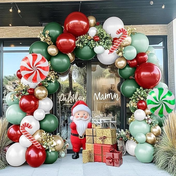 Christmas Balloon Arch Kit, Double Stuffed Red Green White Pearl Balloon Garland Sage Green Red Gold Balloons With Candy Cane Balloons for Christmas Birthday Xmas Santa Holiday New Year Party Decor