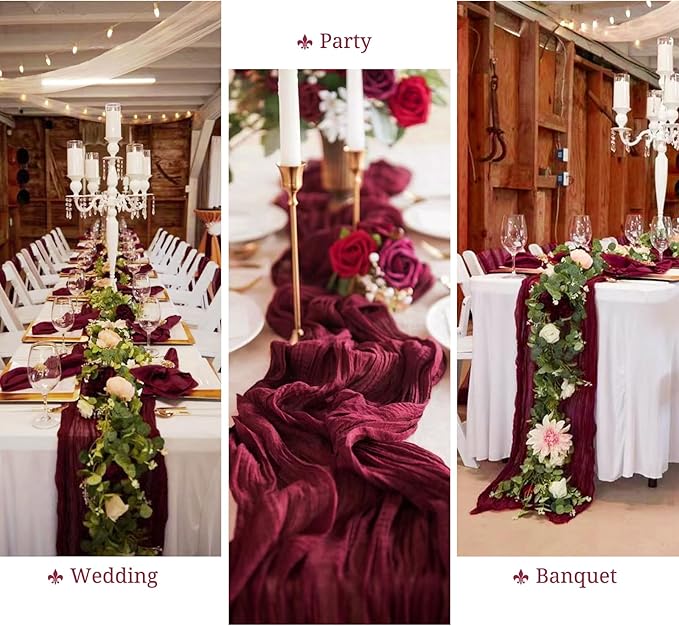 8 Pack Cheesecloth Boho Gauze 35120 Inch Rustic Romantic Long Table Runner for Wedding Party Bridal Shower Thanksgiving Christmas Decoration (Burgundy)