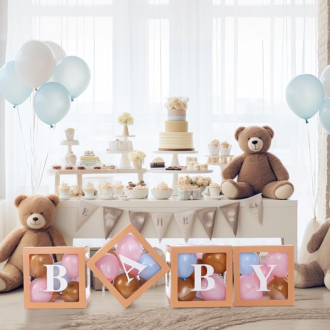 Zhanmai Baby Boxes for Bear Baby Shower Decoration with 4 Letters 36 Balloons 4pcs Transparent Clear Balloon Box Blocks for Boy Girl Balloon Boxes Gender Reveal Party Favors(Khaki,Blue, Pink)