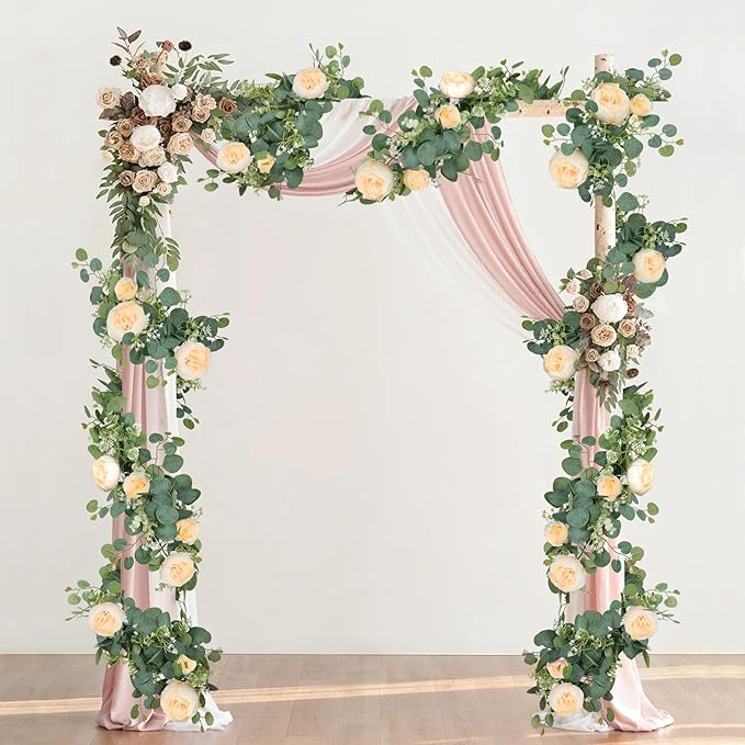 SOMYTING Artificial Flower Garlands Eucalyptus Garlands with Flowers Rose Peony Flower Vine Faux Floral Garland for Wedding Party Arch Table Wall Backdrop Decoration (Champagne, 2PCS)