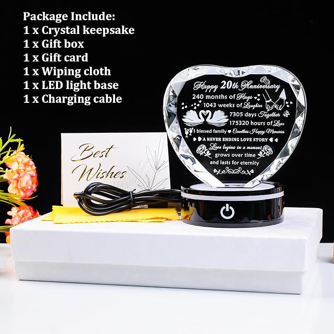 YWHL 20th Anniversary Crystal Heart Gifts for Wife Husband, Laser Engraved Romantic 20 Year Wedding Anniversary Crystal Keepsake Gifts for Her Him, 20 Years of Marriage Gift for Couples Friends
