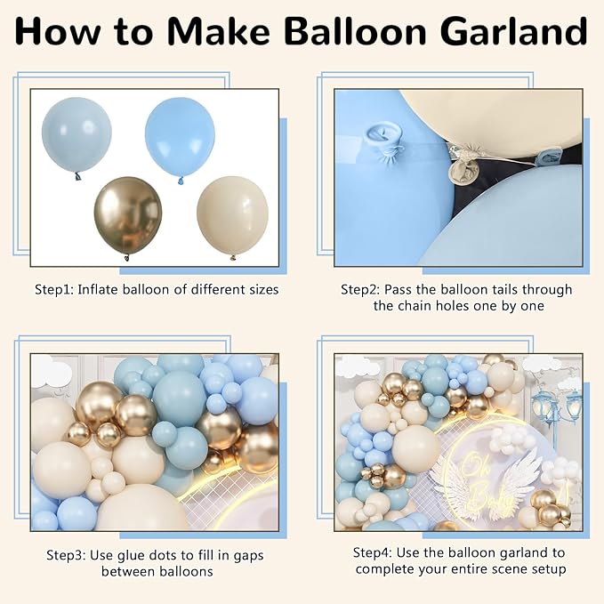 Dusty Blue Balloon Garland Arch Kit, Pastel Slate Baby Blue Ivory White Sand Metallic Gold Latex Balloons for Boy Birthday Baby Bridal Shower Wedding Gender Reveal Party Decorations Supplies