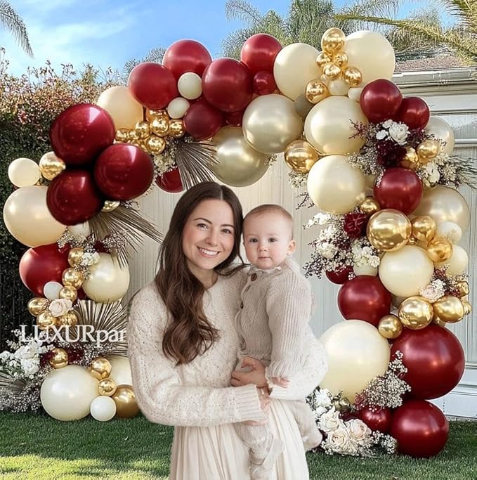 Burgundy Gold Balloons Garland Double Stuffed Wine Red Sand White Metallic Gold Latex Balloons Arch Kit for Bridal Wedding Mother's Day Anniversary Baby Shower Birthday Party Decorations