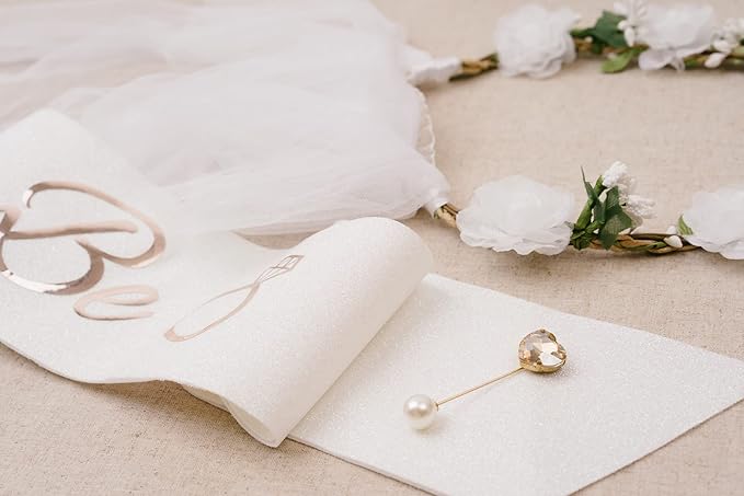 PapaKit Premium Bride to Be Party Sash, Floral Veil & Jewelry Pin Set, Glitter Sparkling Pearl White | Bachelorette Bridal Shower Engagement Wedding Party Favor Gift Decoration Supply