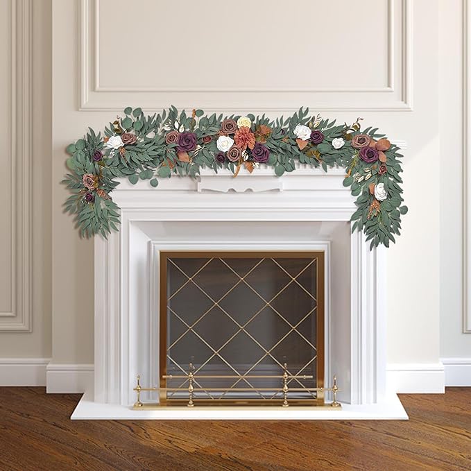 6Ft Burnt Orange Flower Garland, Fall Artificial Eucalyptus Garland with Flowers for Backdrop, Table Centerpiece, Fireplace, Rustic Wedding Arch Flowers, Bridal Shower Party Decor