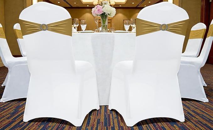 VDS - Gold Glitter | Spandex Chair Sashes Bows | 250 PCS | Stretch Elastic Banquet Universal Folding Chair Band Tie with Silver Buckle Slider for Wedding Party Conference Celebration Event Decoration