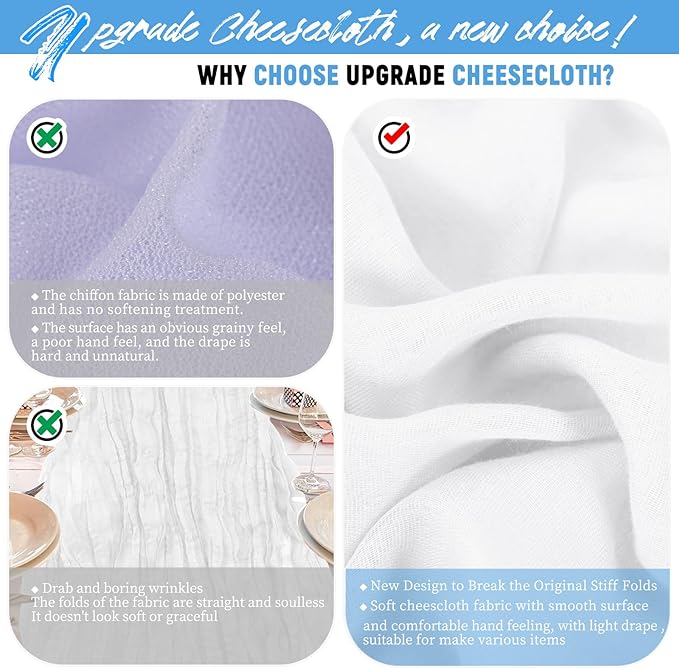 Teruntrue 24 Packs White Cheesecloth Table Runner,10ft Rustic Gauze Boho Wedding Table Runner Decoration, Wedding Table Decor Sheer Table Runner for Wedding Party Bridal Shower Table