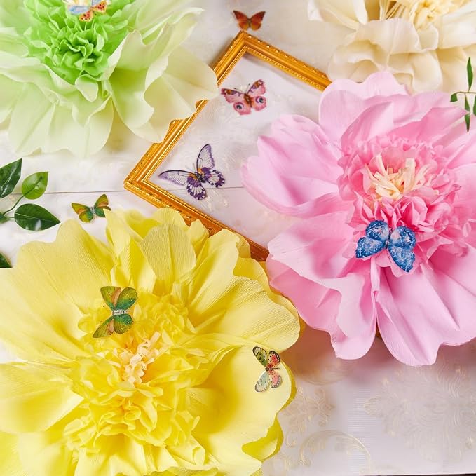 SUNBEAUTY 4 PCS Pastel Paper Flower Decorations 3D Butterflies Stickers Crepe Large Paper Flowers Tissue Paper Flowers for Wall Spring Garden Birthday Baby Shower Tea Easter Party Classroom Wedding