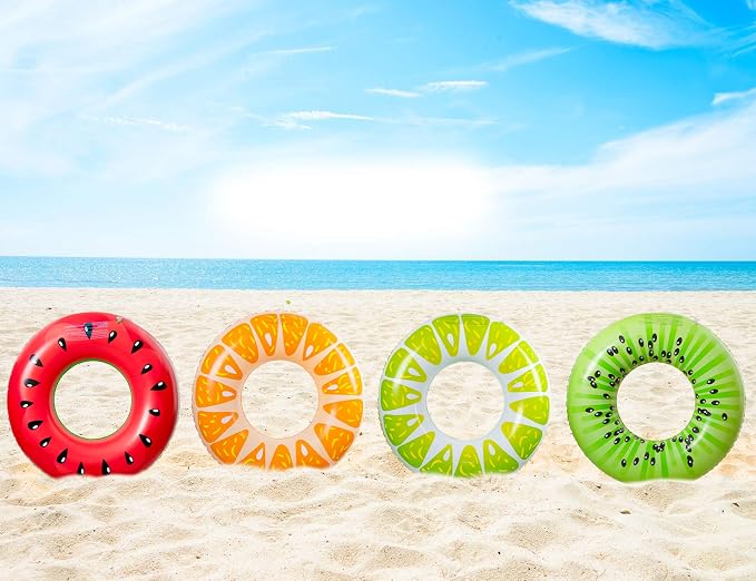 90shine 7-Pack Fruit Pool Floats Floaties: Inflatable Swim Rings & Beach Balls for Summer, Tropical Pool Party Decorations, Floating Tubes Toys for Kids Adults