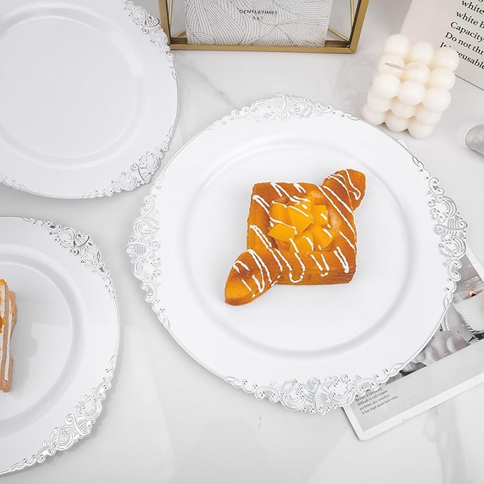 102PCS White and Silver Plastic Plates - Heavyweight Silver Plate - Wedding Plate with Silver Rim - Fancy Dinner & Dessert Plates for 51 Guests Weddings & Parties (Pack of 2)