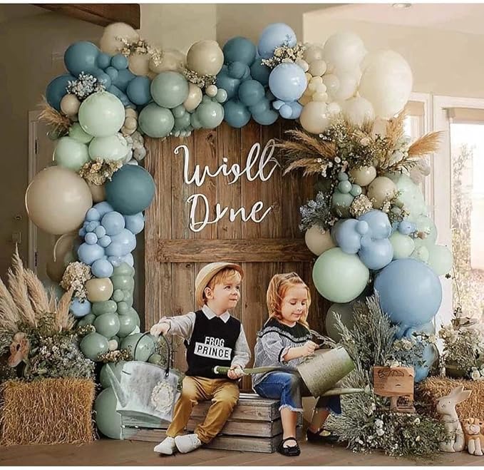 Dusty Blue Green Balloon Arch Kit Double Stuffed Pastel Light Sage Green Blue White Sand Beige Balloon Garland for Birthday Baby Shower Dinosaur Wedding Easter Jungle Wild One Party Decoration