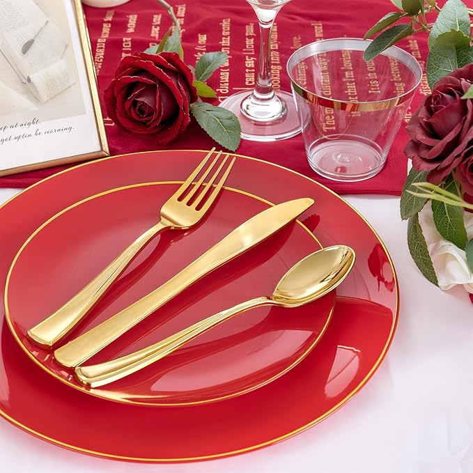 NOCCUR 350PCS Red Plastic Plates - Disposable Red Gold Dinnerware Set for 50 Guests, 100 Dinner/Dessert Plates, 150 Gold Silverware, 50 Cups&50 Napkins for Party/Wedding/Mother's Day