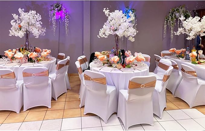 Spandex Rose Gold Chair Sashes 100 Pack Wedding Chair Bands with Buckles Pink Gold Chairs Bows for Party Birthday Bridal Shower Engagement Anniversary Outdoor Event Decorations