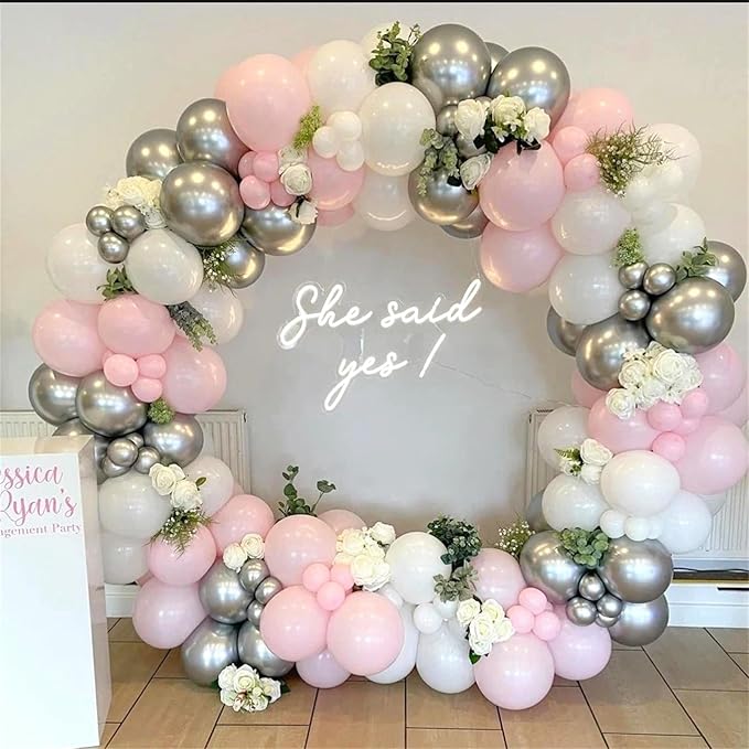 Pink and Silver Balloon Arch Kit, Pastel Pink and White Metallic Silver Different Size Latex Balloon Garland for Girls Women Birthday Baby Bridal Shower Wedding Princess Theme Party Decorations