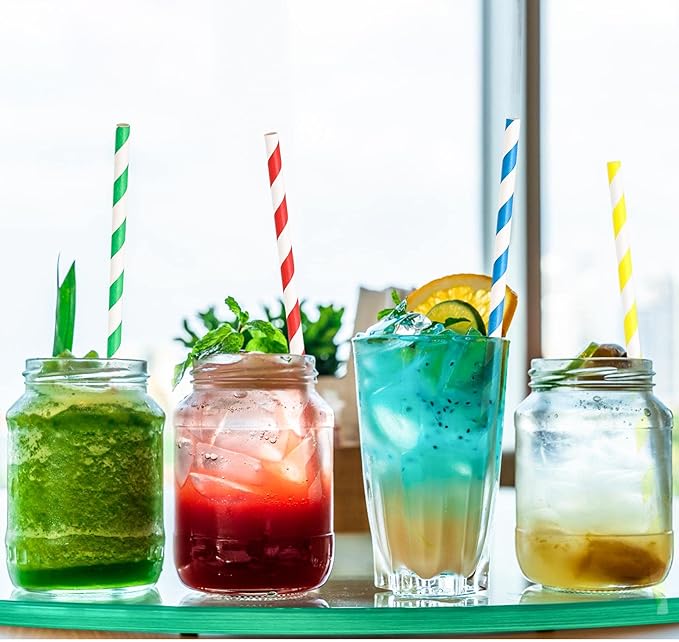 200Pcs Biodegradable Straws, 10 Colors Striped Paper Straws, Disposable Drinking Straws for Cocktail, Coffee, Lemonade