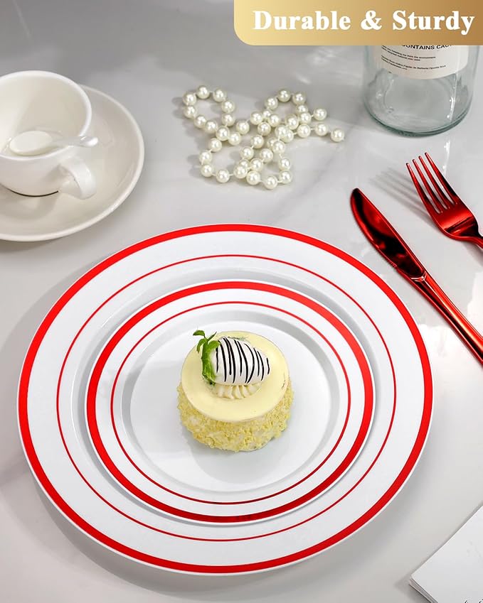 Goodluck 120 Pack Red Rim Plastic Plates - 60 Dinner Plates (10.25") & 60 Dessert Plates (7.5") - Heavy Duty Disposable White Plates with Elegant Red Trim - Premium Dinnerware Set for Wedding