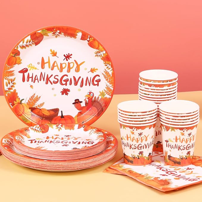 Thanksgiving Day Party Supplies Thanksgiving Paper Plates and Napkins Disposable Pumpkin Maple Leaves Thanksgiving Tableware Set for Thanksgiving Party Decorations Kids,Serves 24…
