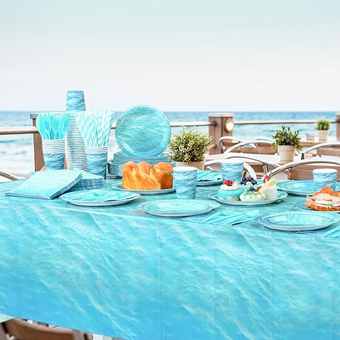 Funnymoom 452 Pcs Ocean Sea Birthday Party Decorations Include Ocean Waves Paper Plates Napkins Cups Tablecloth Cutlery Straws Sea Theme Party Supplies for Birthday Baby Shower