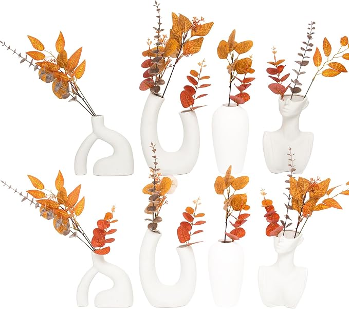 130 Pcs Fall Mixed Greenery Artificial Eucalyptus Stems Bulk, 6 Kinds of Fake Eucalyptus Leaves, Autumn Faux Floral Arrangement for Wedding Bouquet, Farmhouse Home Thanksgiving Decor (130, Orange)