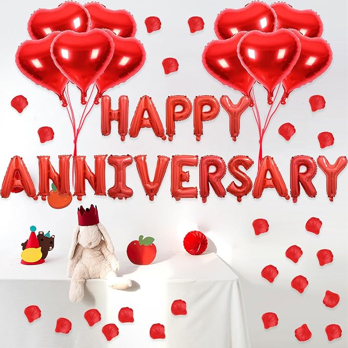 2 Set HAPPY ANNIVERSARY Balloons - 1200pcs Red Artificial Rose Petals, 32pcs 16" Letter, 10pcs 18" Heart Balloons for Valentines Day Decorations