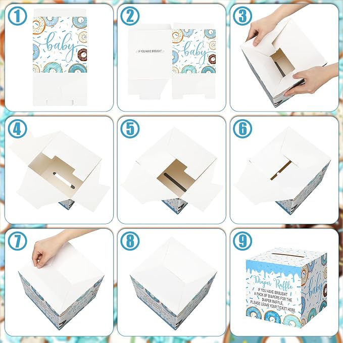 Teling 51 Pieces Diaper Raffle Tickets with Card Box Baby Shower Decorations Gender Reveal Holder Box for Girl Boy Diaper Raffle Party (Baby Boy Sprinkle)