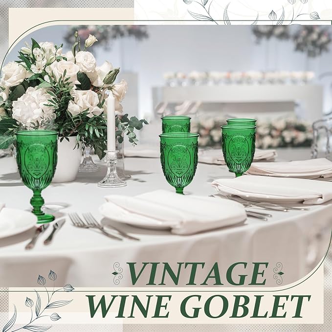 Wiwiqing 24 Pcs Plastic Goblets 7.5oz Vintage Goblet Plastic Wine Glasses Colored Retro Embossed Water Goblets for Wine Bar Juice Baby Shower Wedding Reception Grand Event Party (Dark Green)