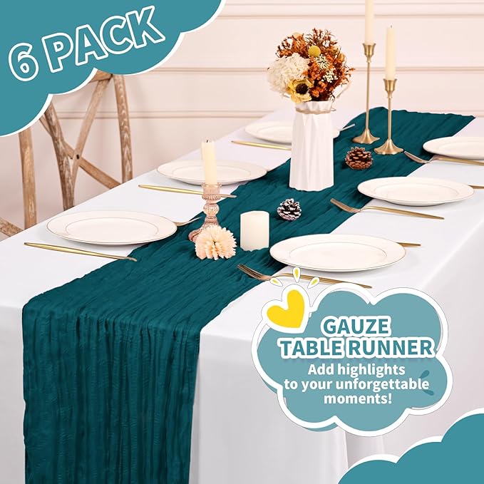 6 Pack Cheesecloth Table Runner,Teal Table Runner Long Romantic Semi Sheer Rustic Boho Gauze Table Runners for Wedding Bridal Shower Birthday Party Decorations(17.7×108 Inch)