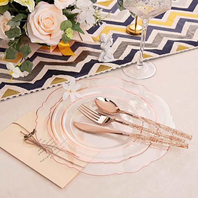 Liacere 150PCS Rose Gold Plastic Plates - Clear Rose Gold Disposable Plates with Glitter Bamboo Handle Cutlery - 60 Baroque Elegant Plates, 30 Forks, 30 Spoons, 30 Knives for Wedding & Mothers Day