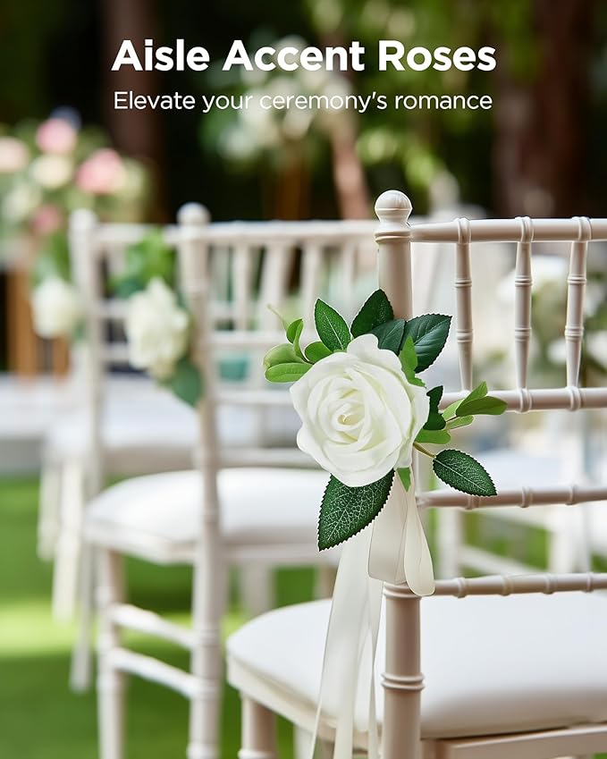 InnoGear 50 Pcs White Roses Artificial Flowers, Fake Velvet Silk Rose Bulk Faux Flower for Mother's Gift Decoration DIY Wedding Centerpieces Proposal Bridal Bouquets Party Floral Decor (50, White)