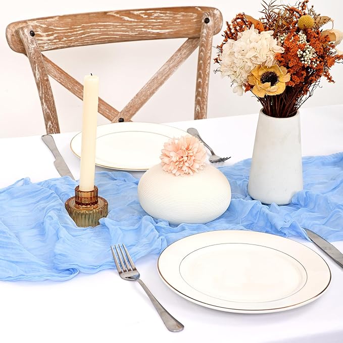24 Pack Light Blue Cheesecloth Table Runner 120 inch Fall Thanksgiving Boho Rustic Gauze Farmhouse 10FT Cheese Cloth Runner for Baby Shower Wedding Party Holiday Home Decor