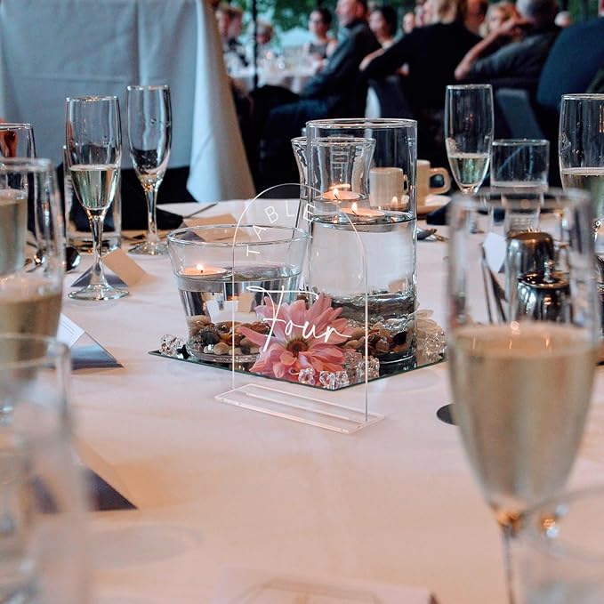 JINMURY Clear Acrylic Arch Table Numbers with Stands, 5x7 Inch Acrylic Arch Sign Table Numbers for Wedding (Clear White Font, 5x7 Inch Table Number 1-15)