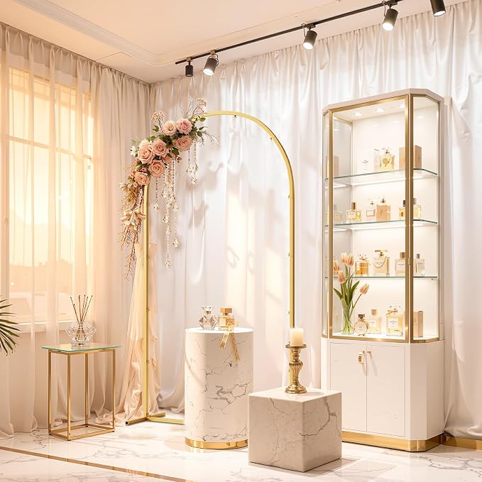 7.2FT Metal Arch Backdrop Stand and Cover Set, Gold Arch Stand with Cover, Easy to Assemble, Pretty Wedding Arch for Birthday Party, Wedding Ceremony and Baby Shower