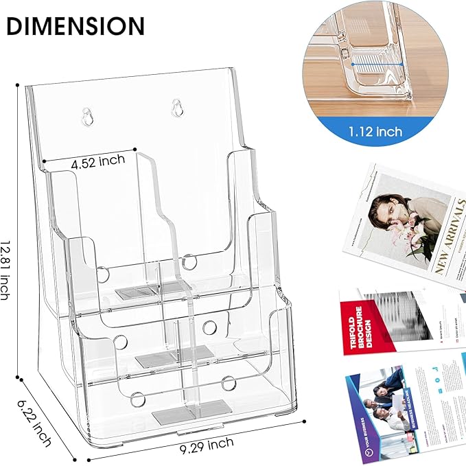 KTRIO Acrylic Brochure Holder 8.5 x 11, 3 Tier Literature & Pamphlet Organizer with Removable Divider for 4 Inch Flyers, Clear Display Stand for Desk & Wall Mount, 2 Pack