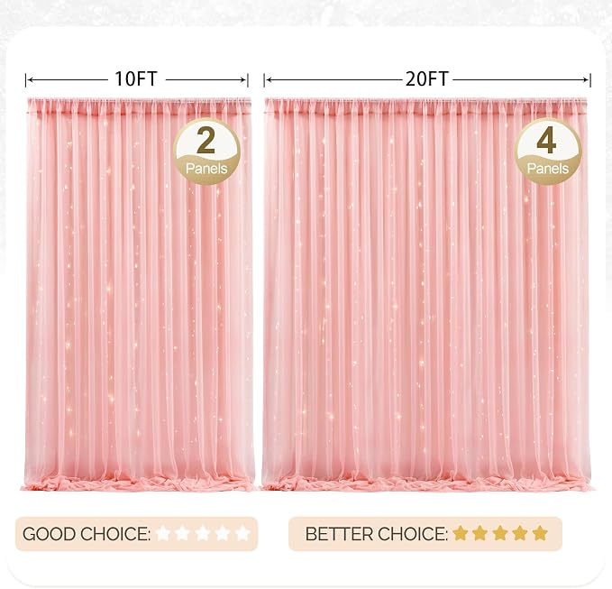 10x8ft Dusty Rose Tulle Backdrop Curtain with Lights String for Parites, Sheer Photo Backdrop Drapes with Lights for Wedding Backdrop Ceremony Reception Bridal Shower Baby Shower Birthday Party