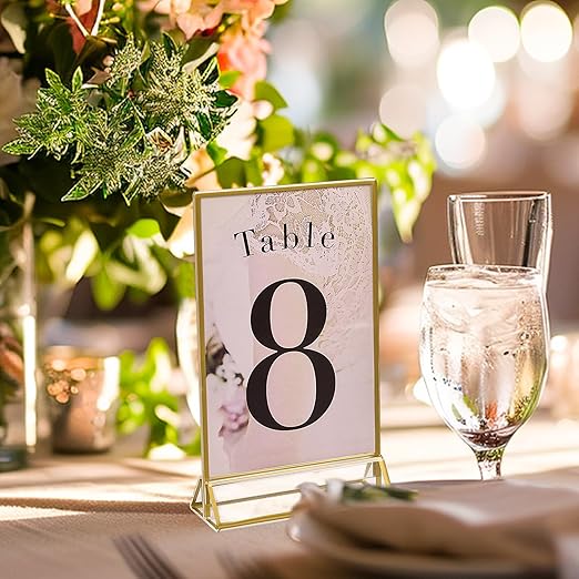 UNIQOOO Acrylic Sign Holders with Golden Border, Portrait View, Pack of 6 | 4x6 Inches Double Sided Clear Frame, Perfect for Wedding reception, Centerpiece, Decoration, Party,Anniversary, Event