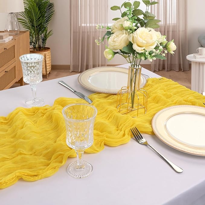 12 Pack 10FT Lemon Yellow Cheesecloth Table Runner 120 Inch Long Gauze Rustic Boho Spring Cheese Cloth Table Runner Sheer Fabric Decorations for Holiday Party Wedding Banquet Bridal Baby Shower Décor