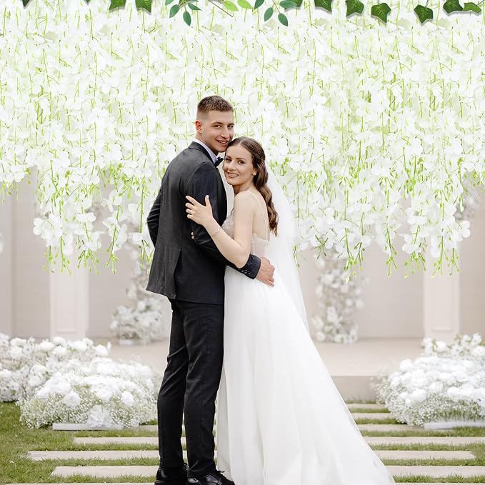 LELEE 25 Pcs Artificial Wisteria Hanging Flowers 3.6ft White Fake Hanging Flowers Garland Silk Flowers Rattan String Faux Wisteria Vine for Wall Home Wedding Party Arch Greenery Backdrop Decor