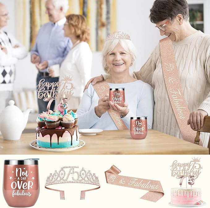 75th Birthday Decorations for Women Including Crown, Sash, Cake Topper, Candles and 12oz Wine Tumbler with Lid, 75th Birthday Gifts for Women