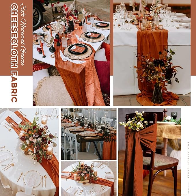 24 Pack Terracotta Cheesecloth Table Runner, 10FT Cheesecloth Rustic Boho Table Runner Long Romantic Semi Sheer Table Runner for Wedding Baby Shower Birthday Bridal Party Decorations(21.5×120 Inch)