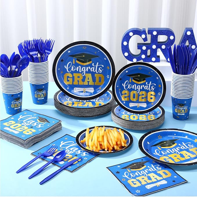 Funnymoom 400 Pcs Graduation Party Supplies Class of 2026 Graduation Paper Plate Napkin Cup Cutlery Congrats Grad Disposable Tableware Set for Grad Party Decorations, Serve 50(Blue, Gold)