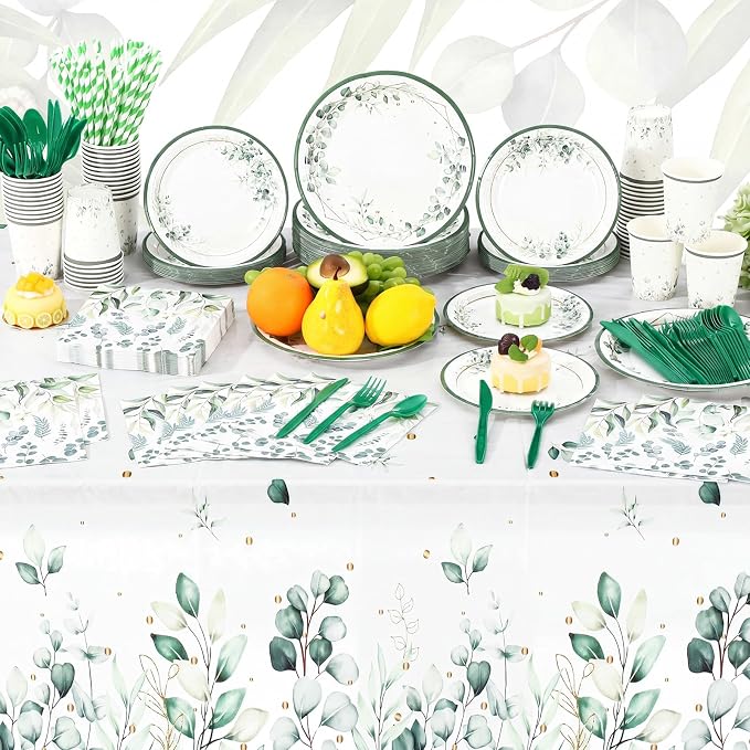 Funnymoom 452 Pcs Sage Green Party Decorations for 50 Guests, Eucalyptus Theme Paper Plates Napkins Cups Tablecloth Cutlery Straws for Bridal Baby Shower Birthday Wedding Party Decorations Supplies