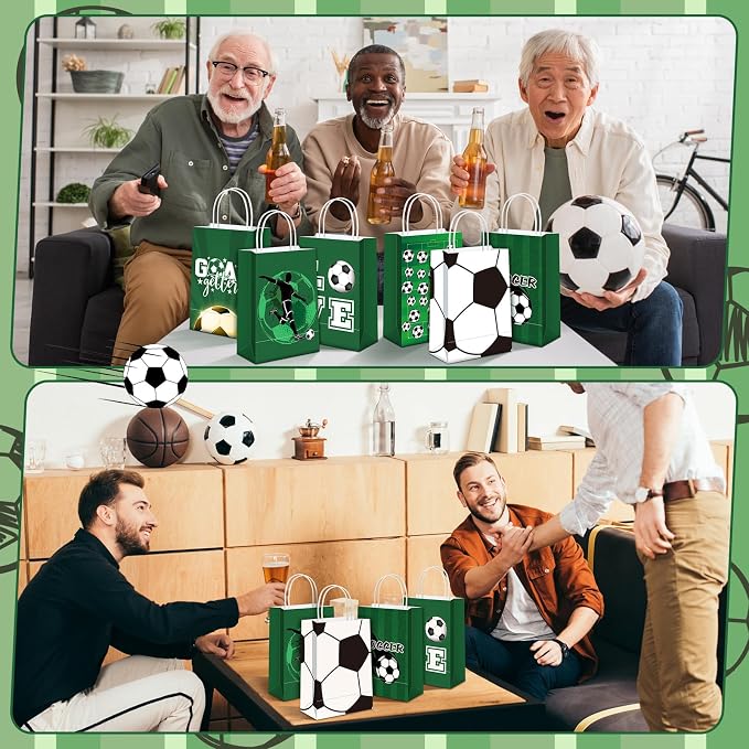 Outus 24 Pcs Soccer Party Favor Bags Sports Ball Goodie Gift Paper Bags with Handles Sports Ball Candy Treat Pouch for Sport Football Party Birthday 2026 World Soccer Decorations Supplies