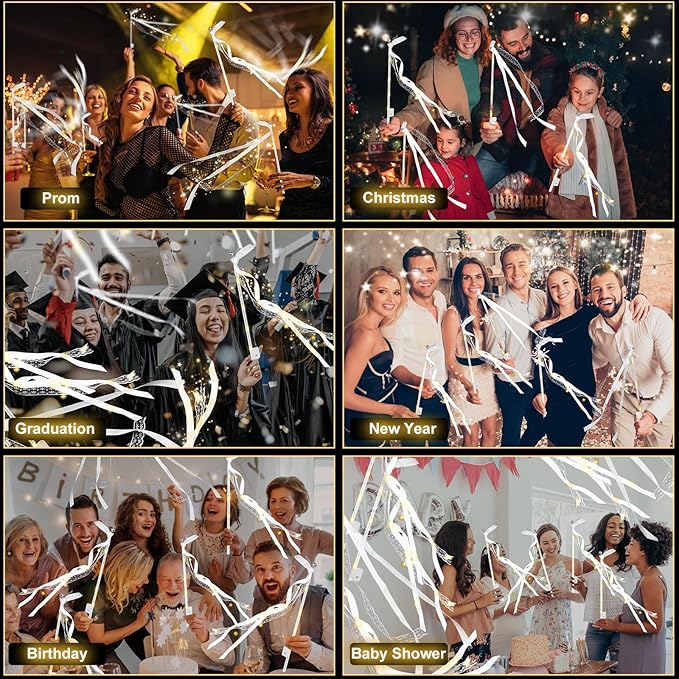HONLYNE 200PCS Light up Wands for wedding, Wedding Wands Streamers with 3 Colorful Flashing Modes, Fairy Wands, LED Silk Fairy Wand with Bells for Wedding, New Year, Thanksgiving, Concert