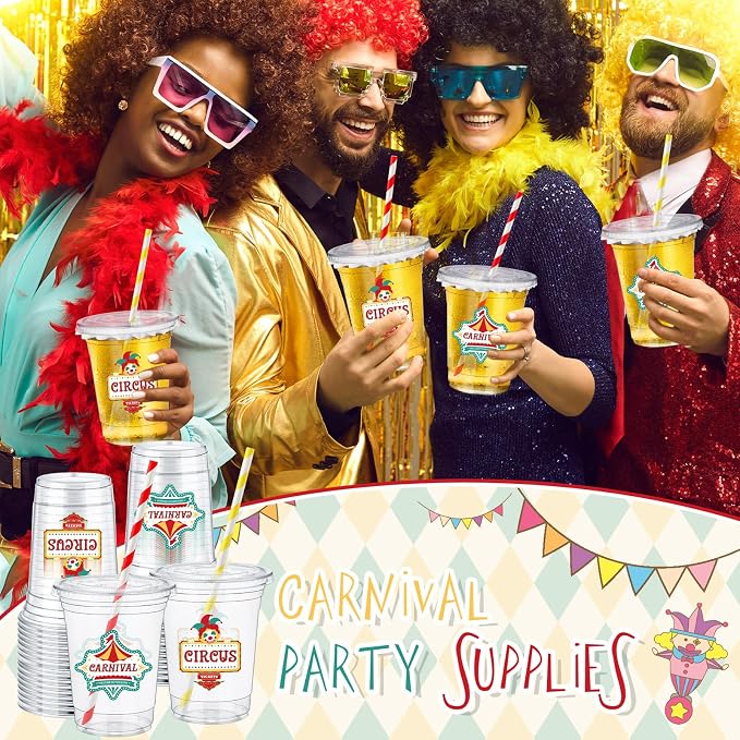 FoldTier 50 Pcs Carnival Party Plastic Cups 12 oz Disposable Plastic Cups with Straws and Lids Circus Clear mug Birthday mugs Supplies Birthday Table Decorations Party Favor