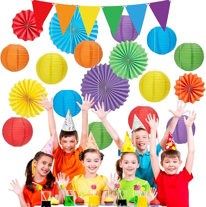 21Pcs Colorful Classroom Decor Rainbow Hanging Paper Lanterns Paper Fans Triangle Flags Banners Set Round Lantern for Back to School Ceiling Supplies Home Indoor Birthday Party Ceremonial Event