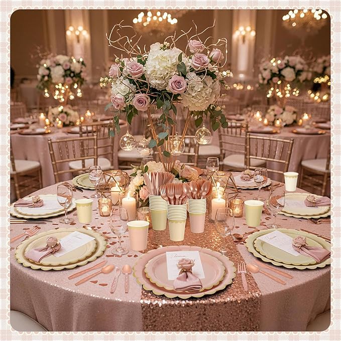 Mimorou 338 Pcs Champagne-gold Beige Plates and Napkins Party Supplies Rose Gold Tableware Include Scalloped Pink Plates Paper Napkin Cup Spoon Fork Knife for Boho Baby Shower, Wedding, Birthday