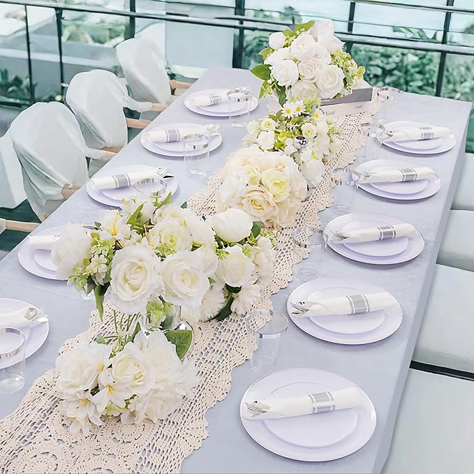 KIRE 350 PCS Plastic Dinnerware Set for 50 Guests, Silver Plastic Plates Include 50 Dinner, 50 Dessert Plates, 50 Pre Rolled Napkins with Silverware, 50 Cups for Wedding, Party, Banqet, Christmas