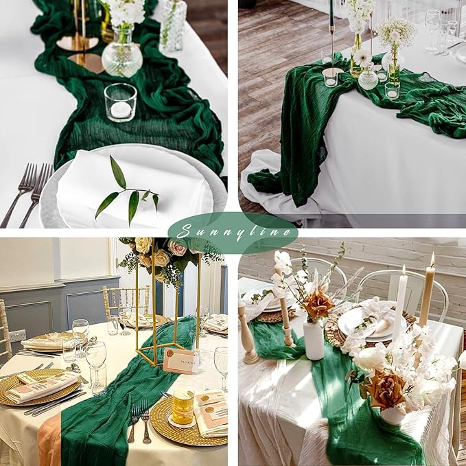 6 Pcs Emerald Green 10FT Cheesecloth Table Runner Gauze Fabric Runner for Tables Boho Table Runner Decoration Rustic Sheer Runner for Wedding Birthday Baby Bridal Shower Party (35 x 120 Inches Long)